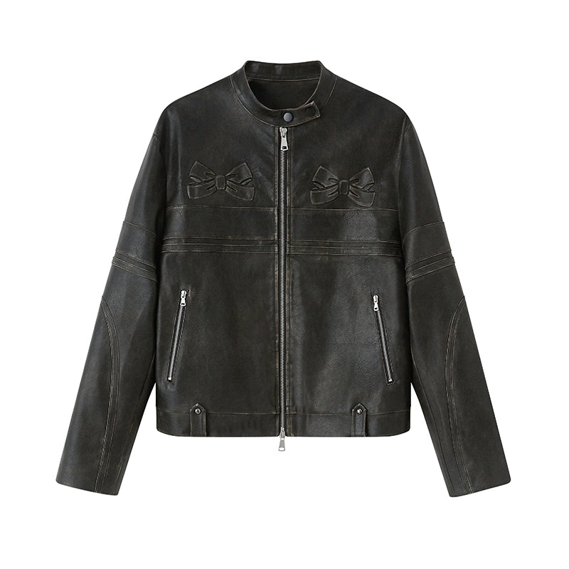original design bow black retro brushed leather jacket