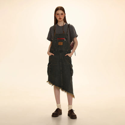 Fur Edge Denim Suspender Skirt