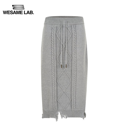 Twisted Flower Damaged Grey Fur Edge Long Skirt