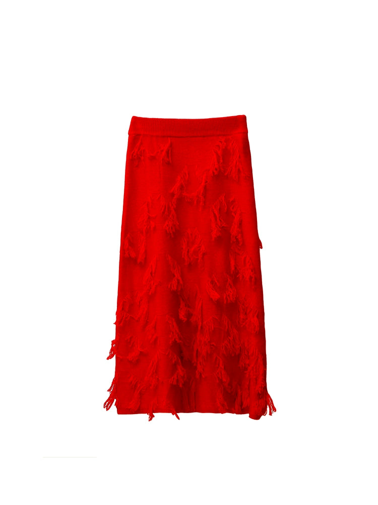 bright red, joyful atmosphere, irregular jacquard A-line wool mid length skirt