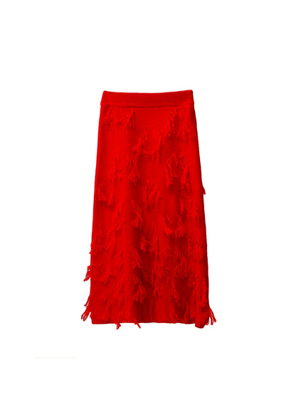 bright red, joyful atmosphere, irregular jacquard A-line wool mid length skirt