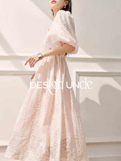 Pink Bubble Sleeve Long Dress.
