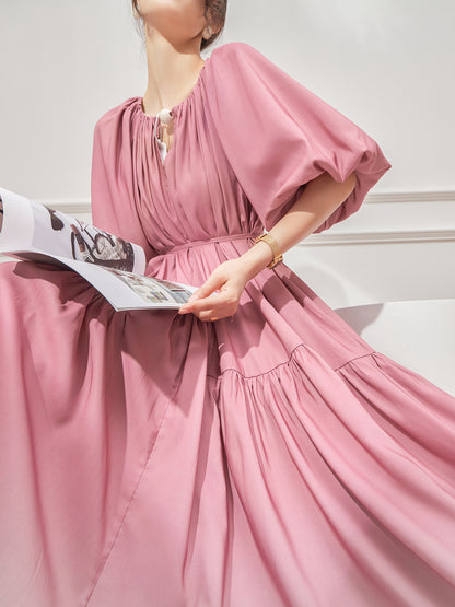 Pink Gradient French Bubble Sleeve Dress