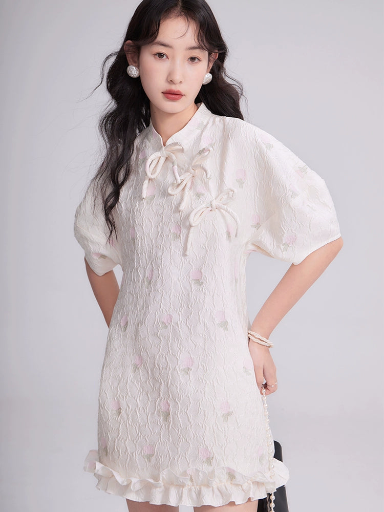 Original design by You'er Peach Zhi Yao Yao Peach Pink Tulip New Chinese Jacquard Bow Tie Dress