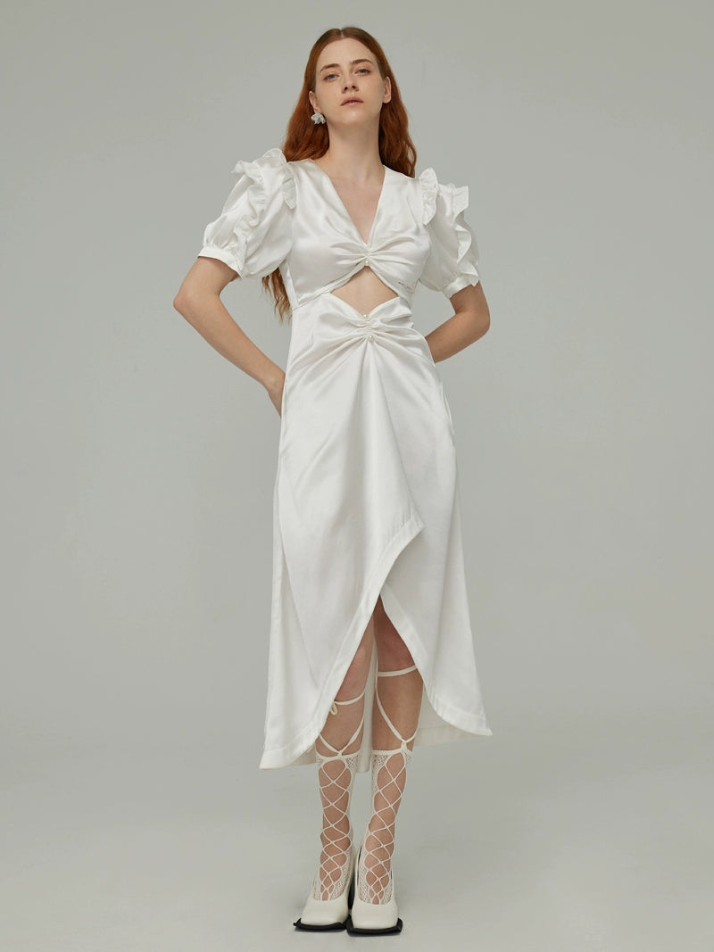 White Hollow Bubble Sleeve Dress