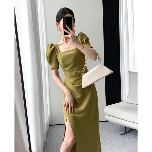 Elegant Green Slim Dress 2023: Luxe Square Neck