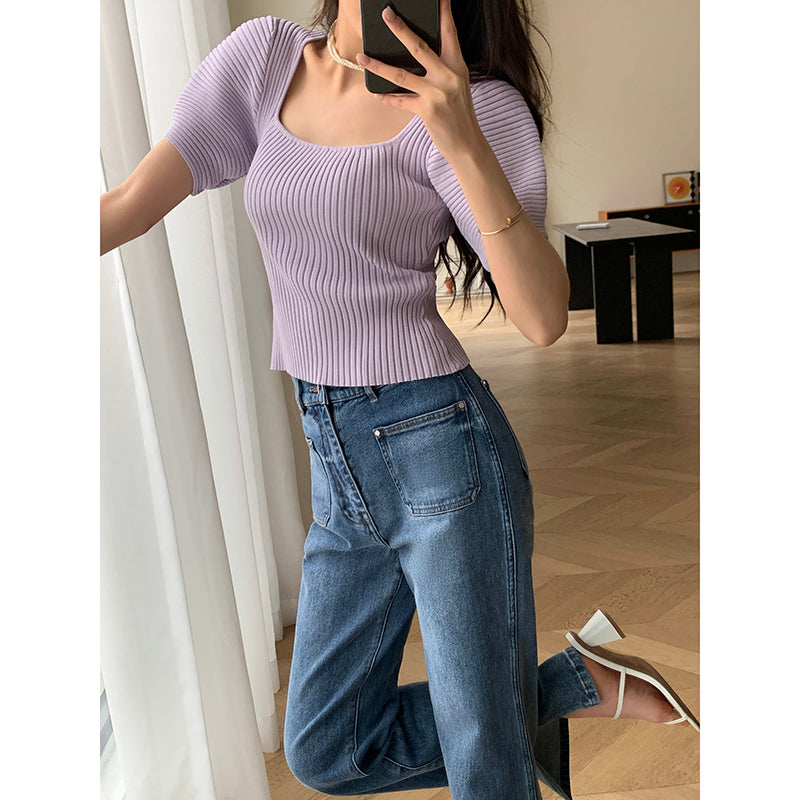 2023 Purple Square Neck Knit Top