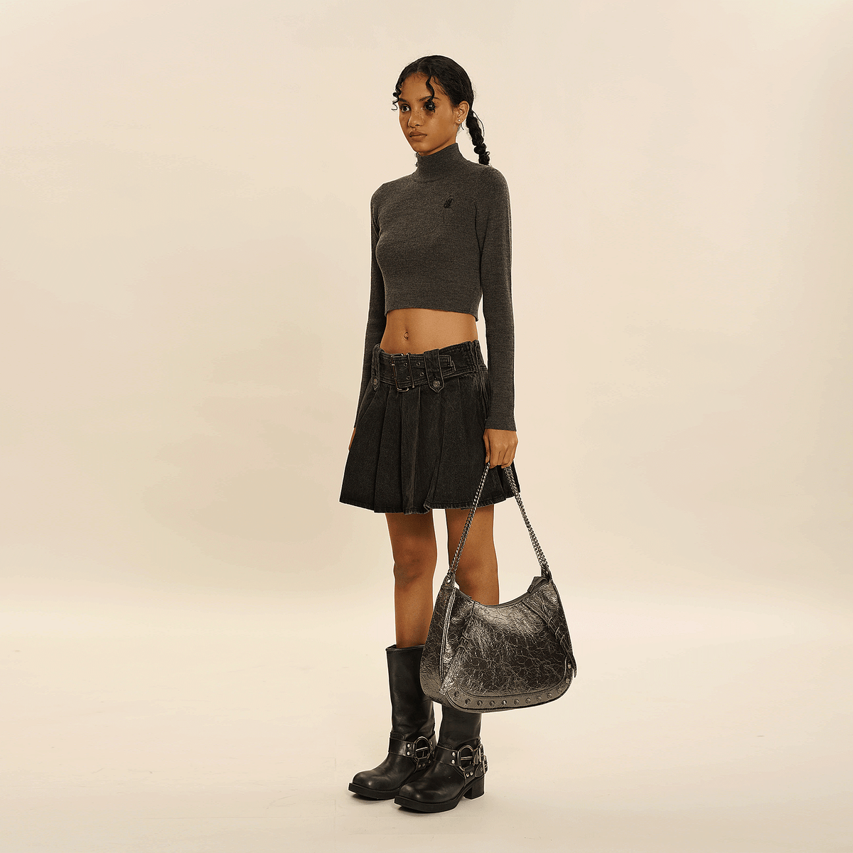 Square Waistband Denim Pleated Skirt