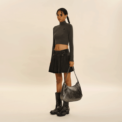 Square Waistband Denim Pleated Skirt