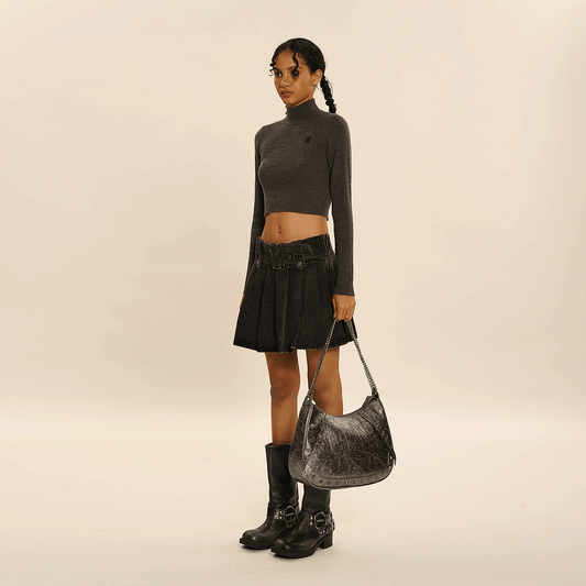 Square Waistband Denim Pleated Skirt