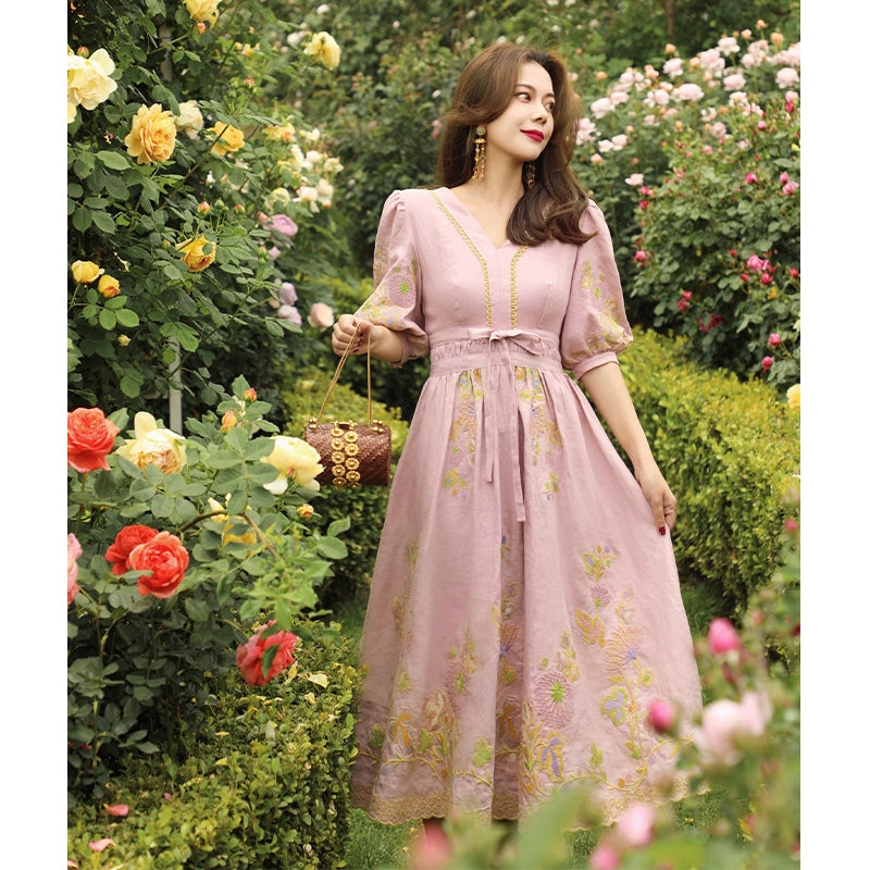 Giovanni Garden Linen Embroidery Dress