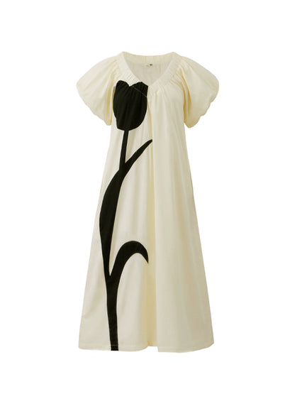 Original design by Ear UARE cheese cream tulip contrasting floral French V-neck loose fitting dress