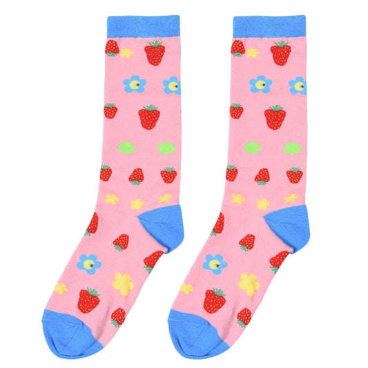 Strawberry Flower Pattern Cotton Mid-Tube Socks
