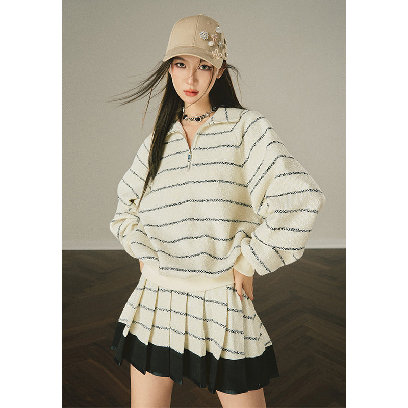 Stripe Polo Top & Pleated Skirt Set