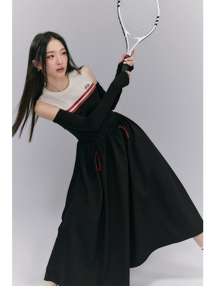 Sporty Black - Long Hollow Shoulder Dress