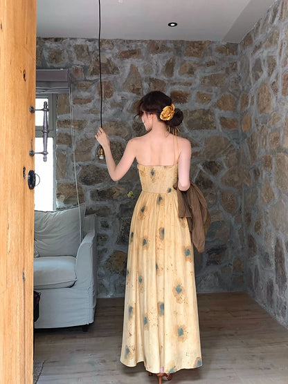 Yellow Oil Painting Dress: Summer's Off-Shoulder Elegance