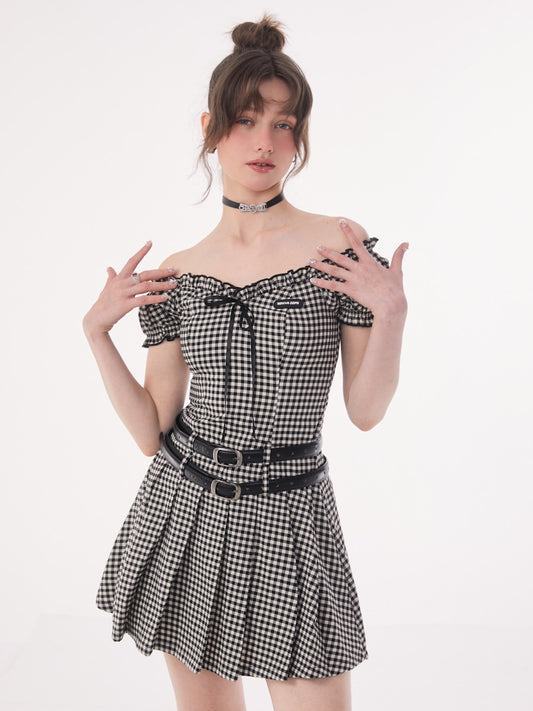 First Love French Bubble Sleeve Plaid Dress