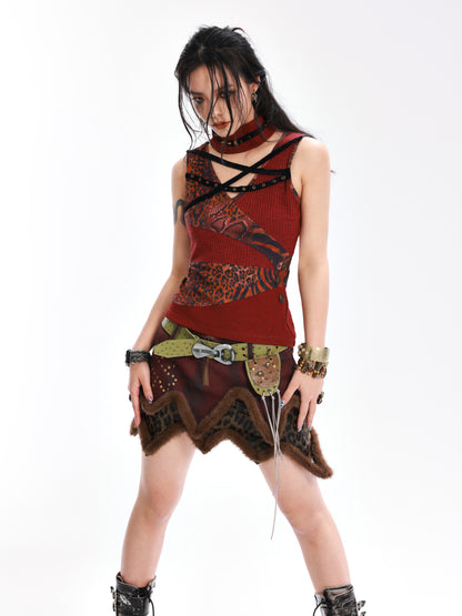 Heavy Duty Denim Leather Riveted Short Skirt - Original Design with Belt