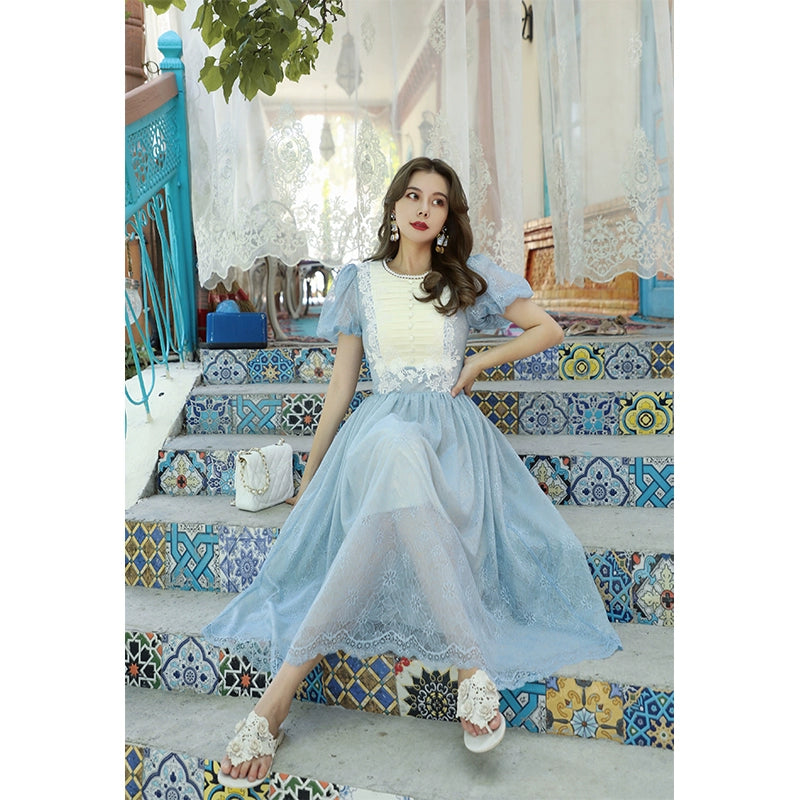 Blue Dream Contrast Waist Lace Dress