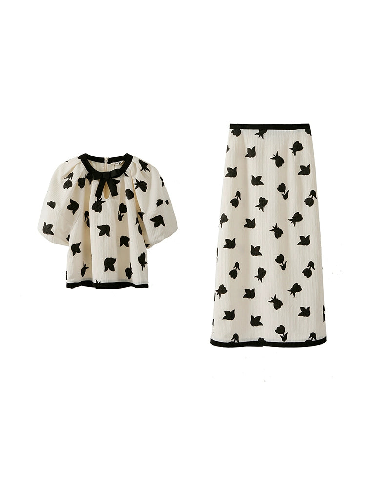 Original Design Wind Blows Tulip Contrast Sticker Embroidery Lantern Sleeve T-shirt Half Skirt Set