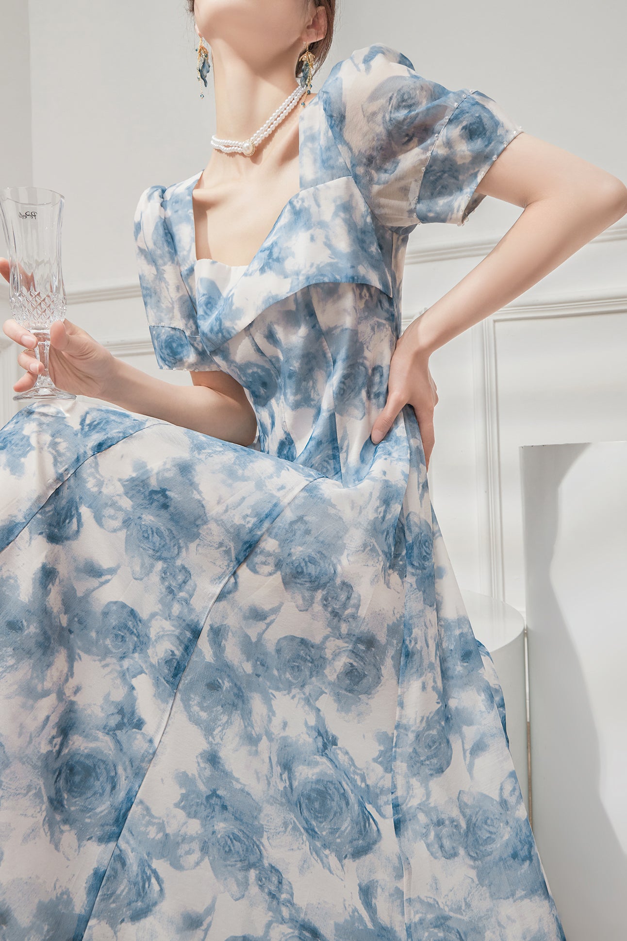 Blue Floral Square Neck Dress