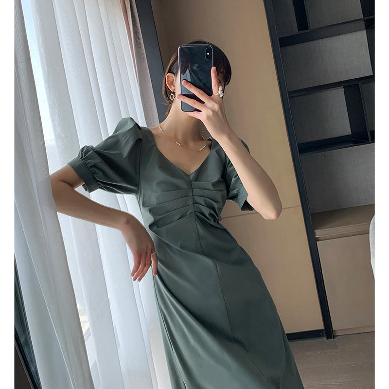 Green Summer Bubble Sleeve Dress