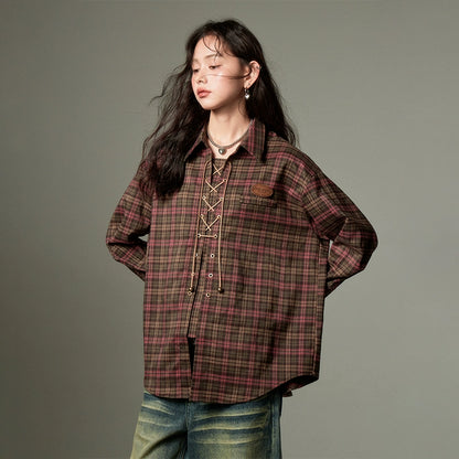 Retro Plaid - Loose Long Sleeve Shirt