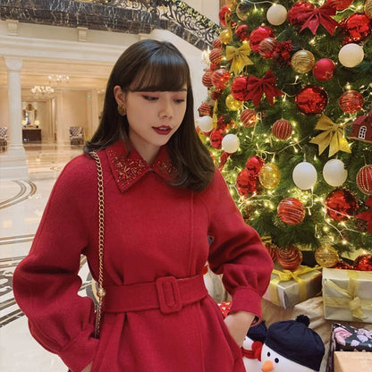 Red Hepburn Christmas Handmade Wool Coat