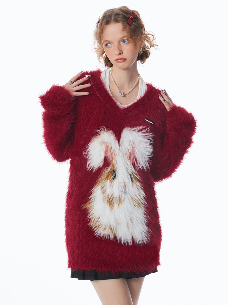 Red Advanced Rabbit V-neck Sweater - Festive Style