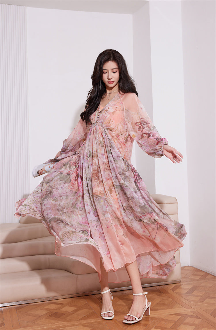 Pink V-Neck Long Dress by Zhao