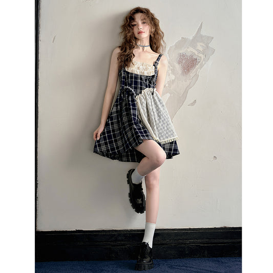 Vintage Plaid Lace Strap Dress