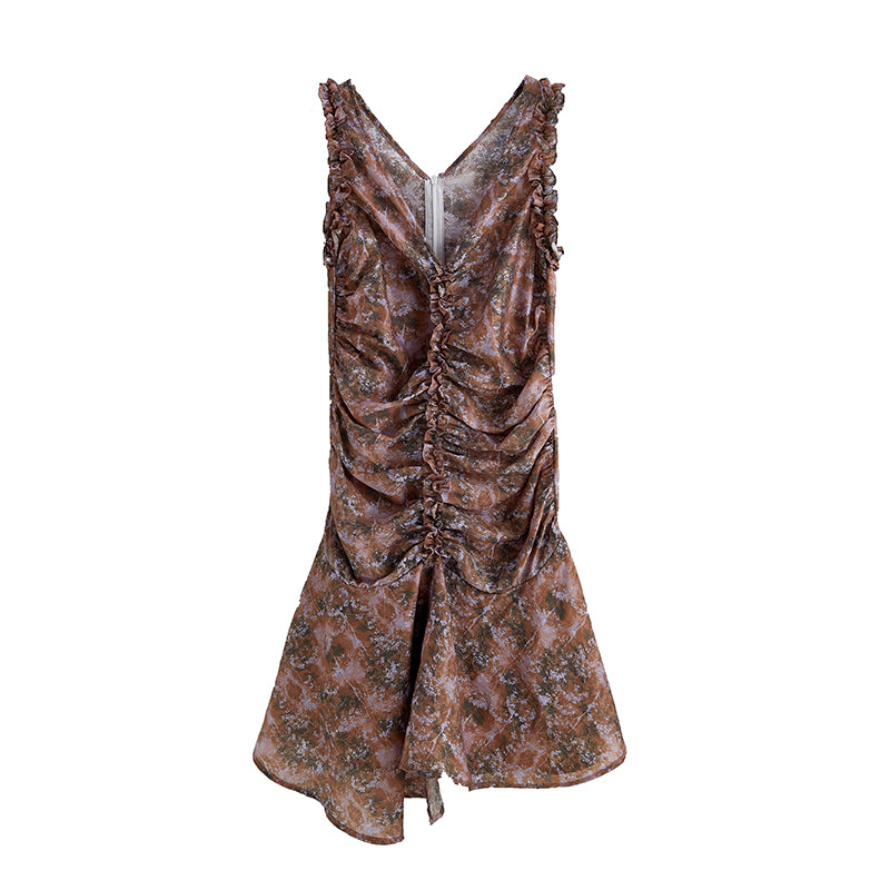 Brown Print Lace Pleated Dress