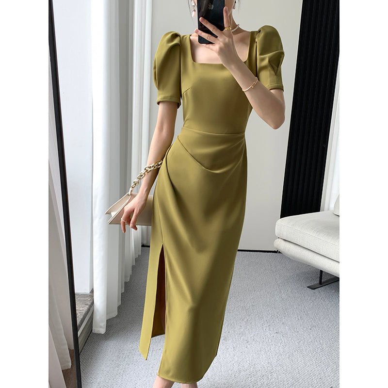 Elegant Green Slim Dress 2023: Luxe Square Neck