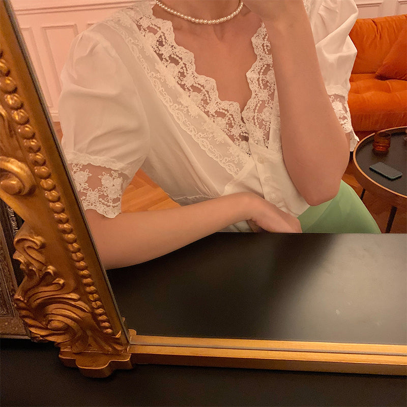 French Retro V-Neck Lace Top