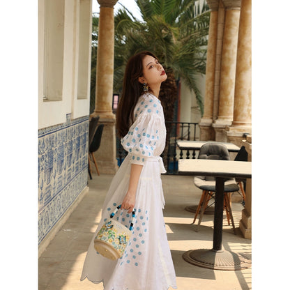 White and Blue Star Lace-Up Summer Dress