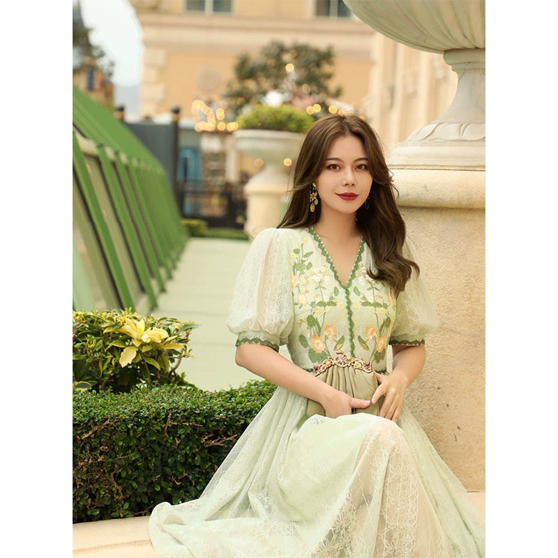 Green Mang Matcha Embroidery Lace Dress