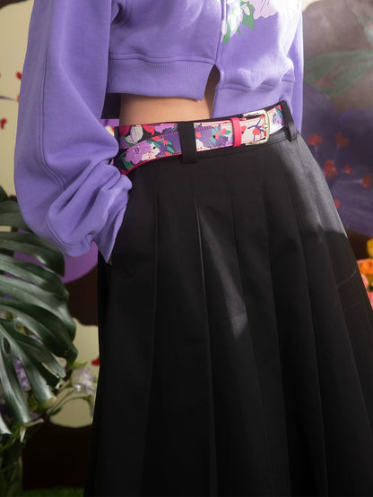 Black: Raw Edge High Waist Pleated Skirt