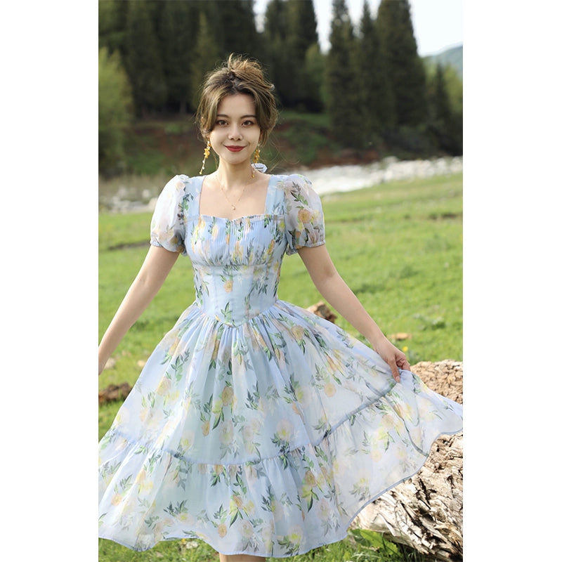 Sky Realm Retro Print Waist Wrap Long Dress