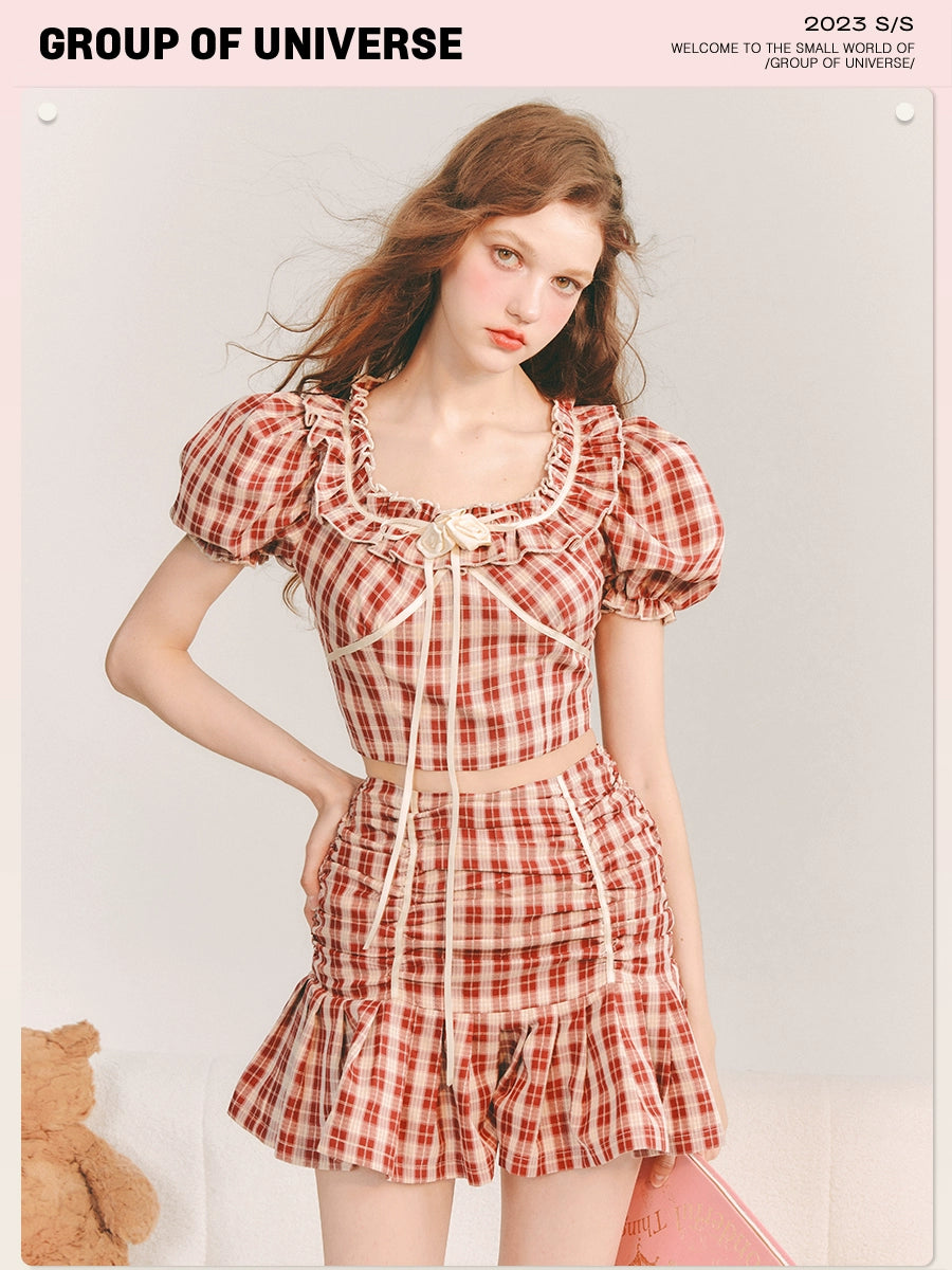 Strawberry Vintage - Red Checkered Bubble Sleeve Set