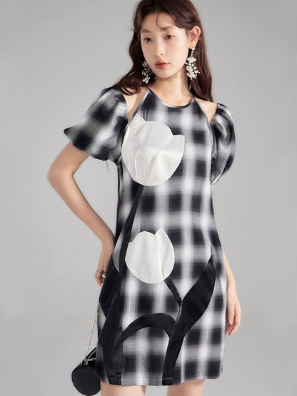 You'er UARE Tulip Patchwork Checkered Dress