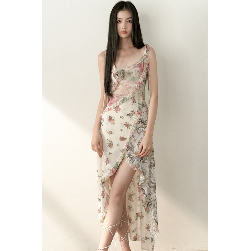 Fragmented Flower Ruffle Strap Dress