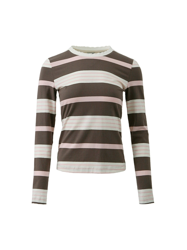 Chill, retro pink brown striped petal threaded collar, long sleeved, short sleeved T-shirt