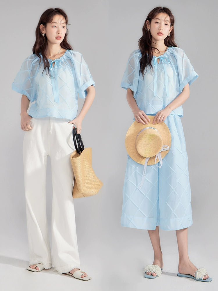 Blue Bow Shirt Skirt Set