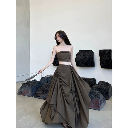 Brown Blossom Waist Strap Long Dress