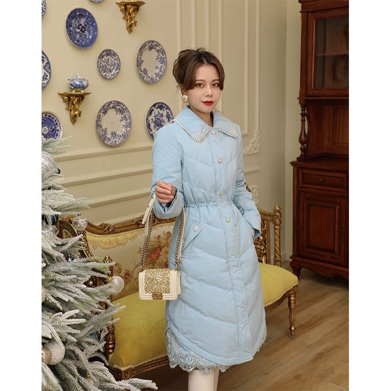 Blue Beaded Lace Panel Winter Down Coat