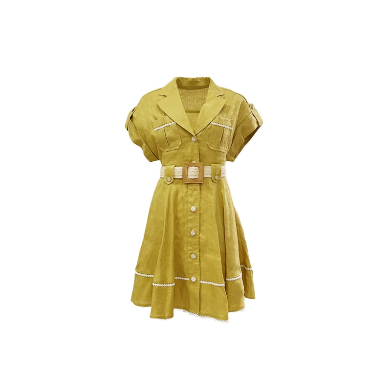 Yellow Temperament Loose Linen Shirt Dress