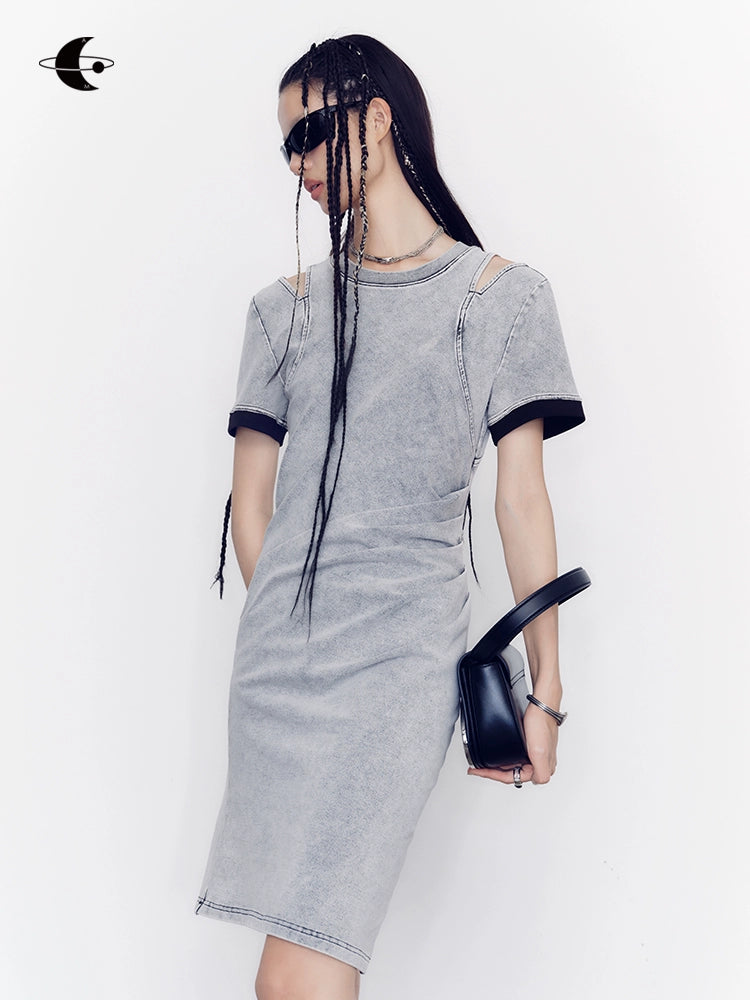 Denim Pleated T-shirt Dress