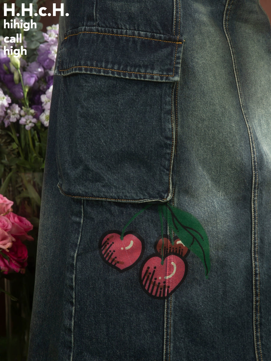 Cherry Print: Retro Medium Length Denim Skirt