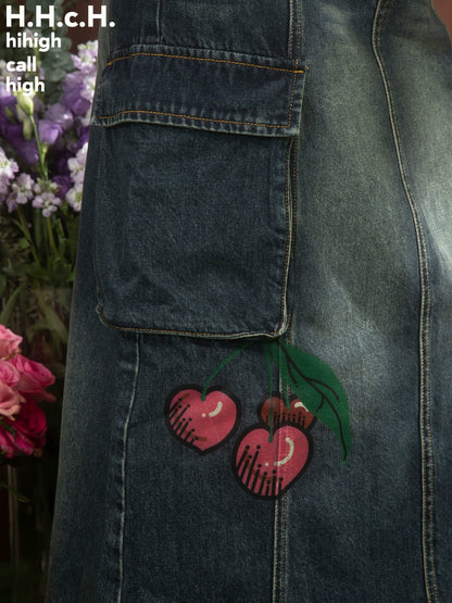 Estampado de cereza: falda retro de mezclilla de longitud media