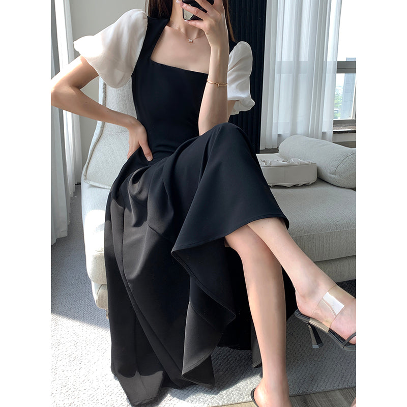 Retro Square Neck Black Skirt